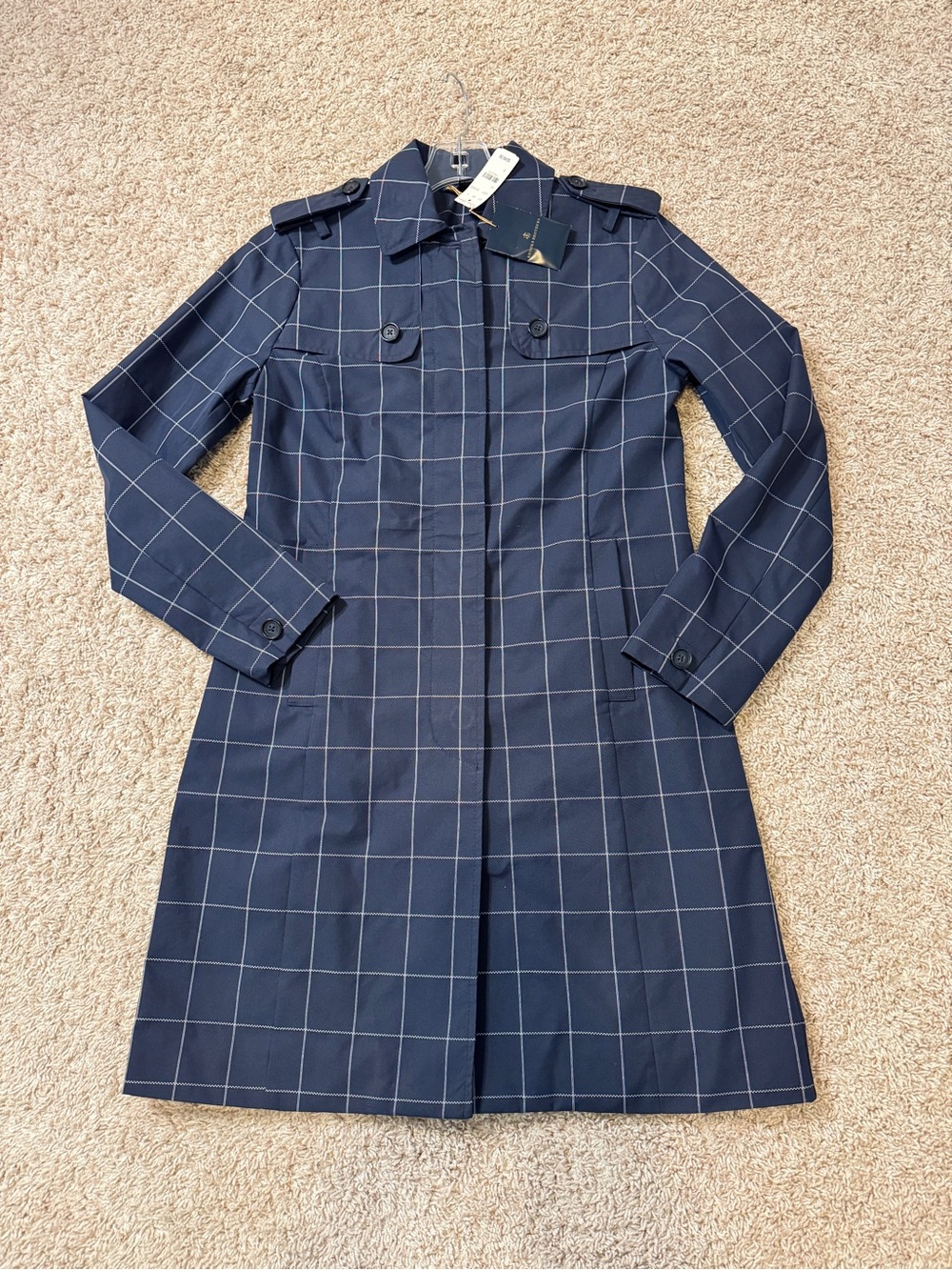 NWT Brooks Brothers Women's Navy Window Pane Plaid Trench Coat Size 2